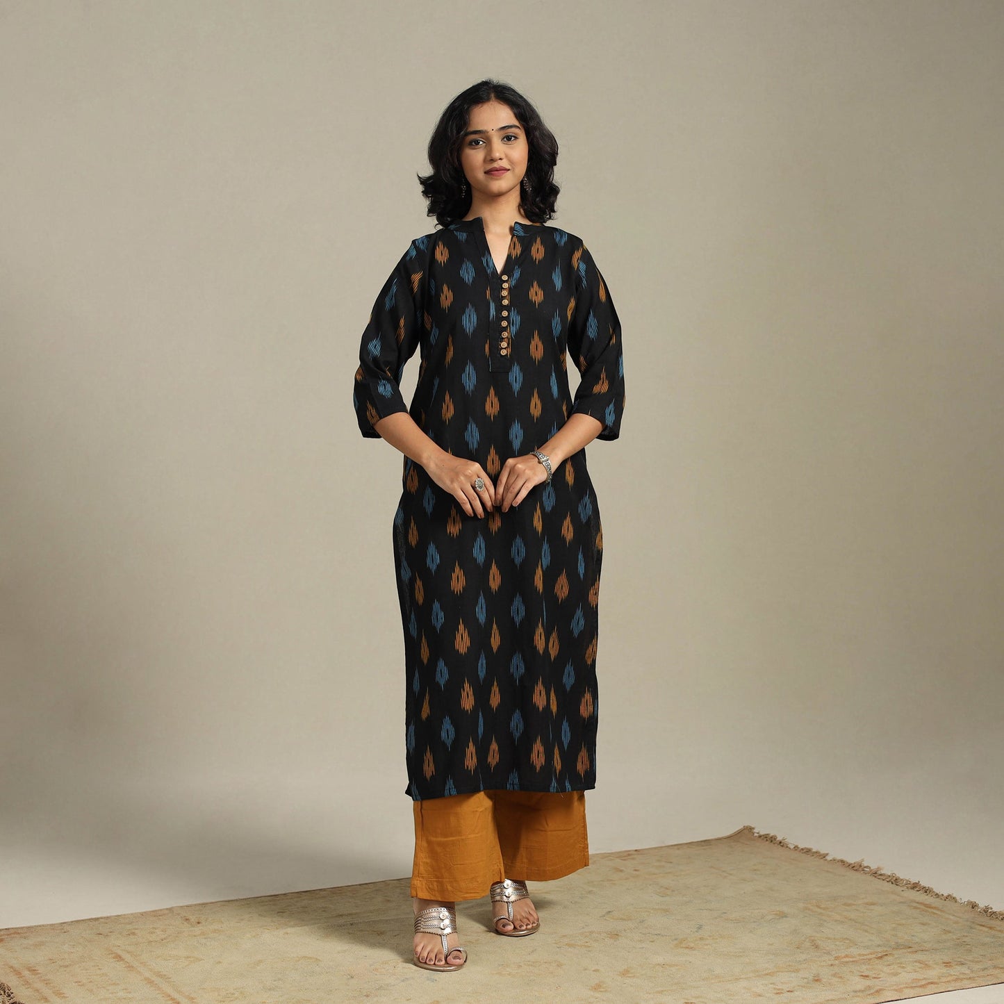 Black Cotton Straight Pochampally Ikat Kurta
