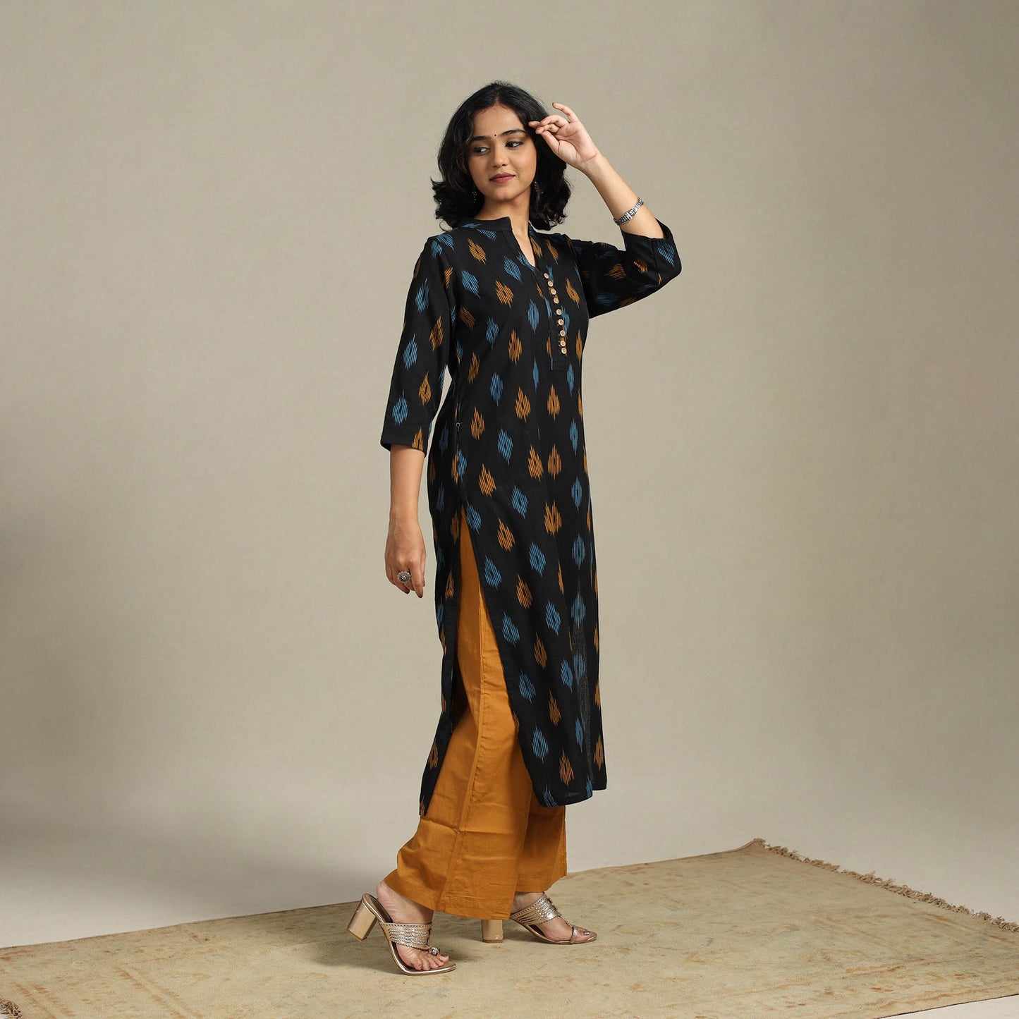 Black Cotton Straight Pochampally Ikat Kurta
