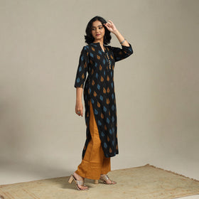 Black Cotton Straight Pochampally Ikat Kurta