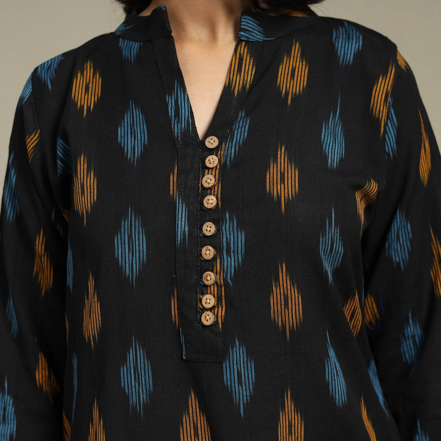Black Cotton Straight Pochampally Ikat Kurta