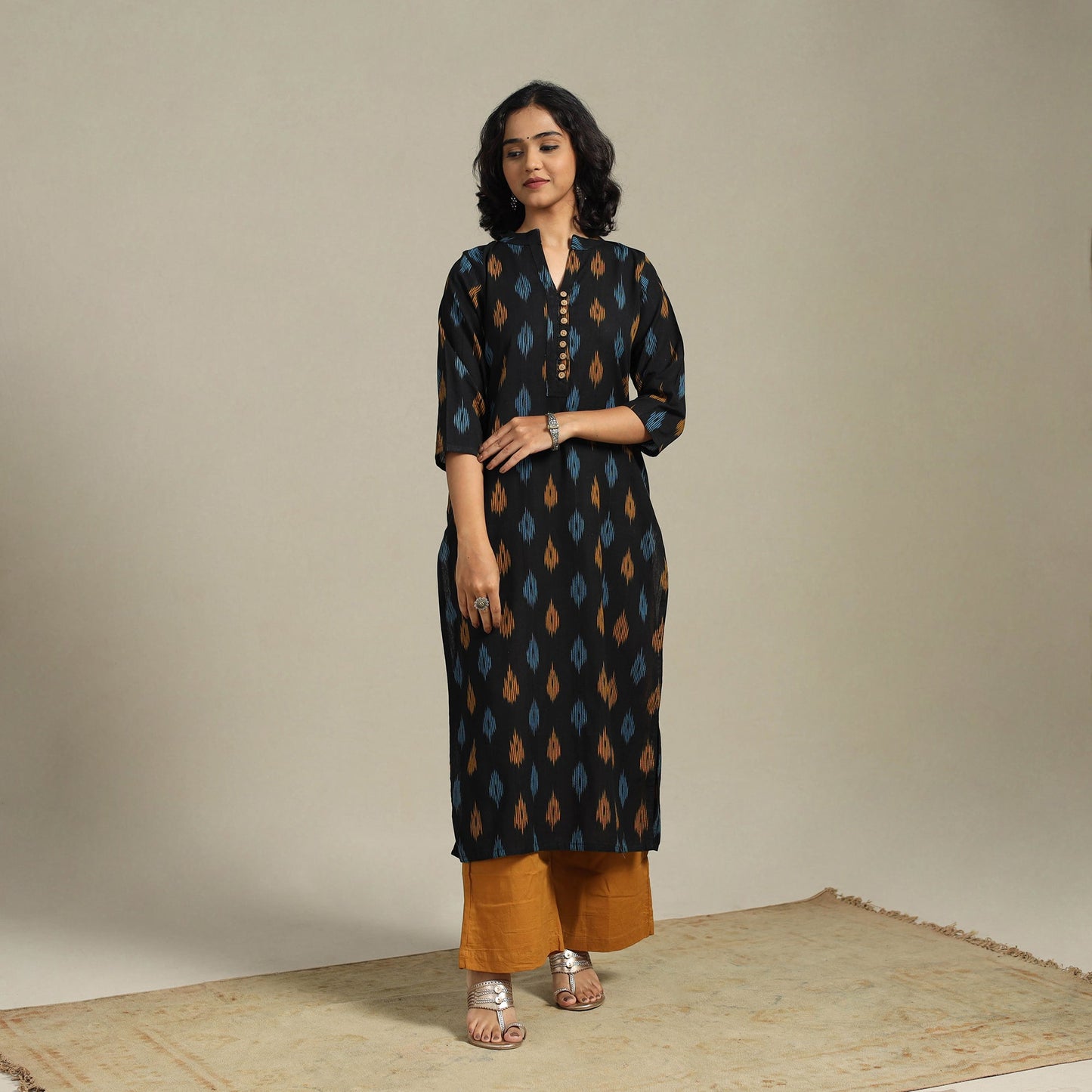 Black Cotton Straight Pochampally Ikat Kurta