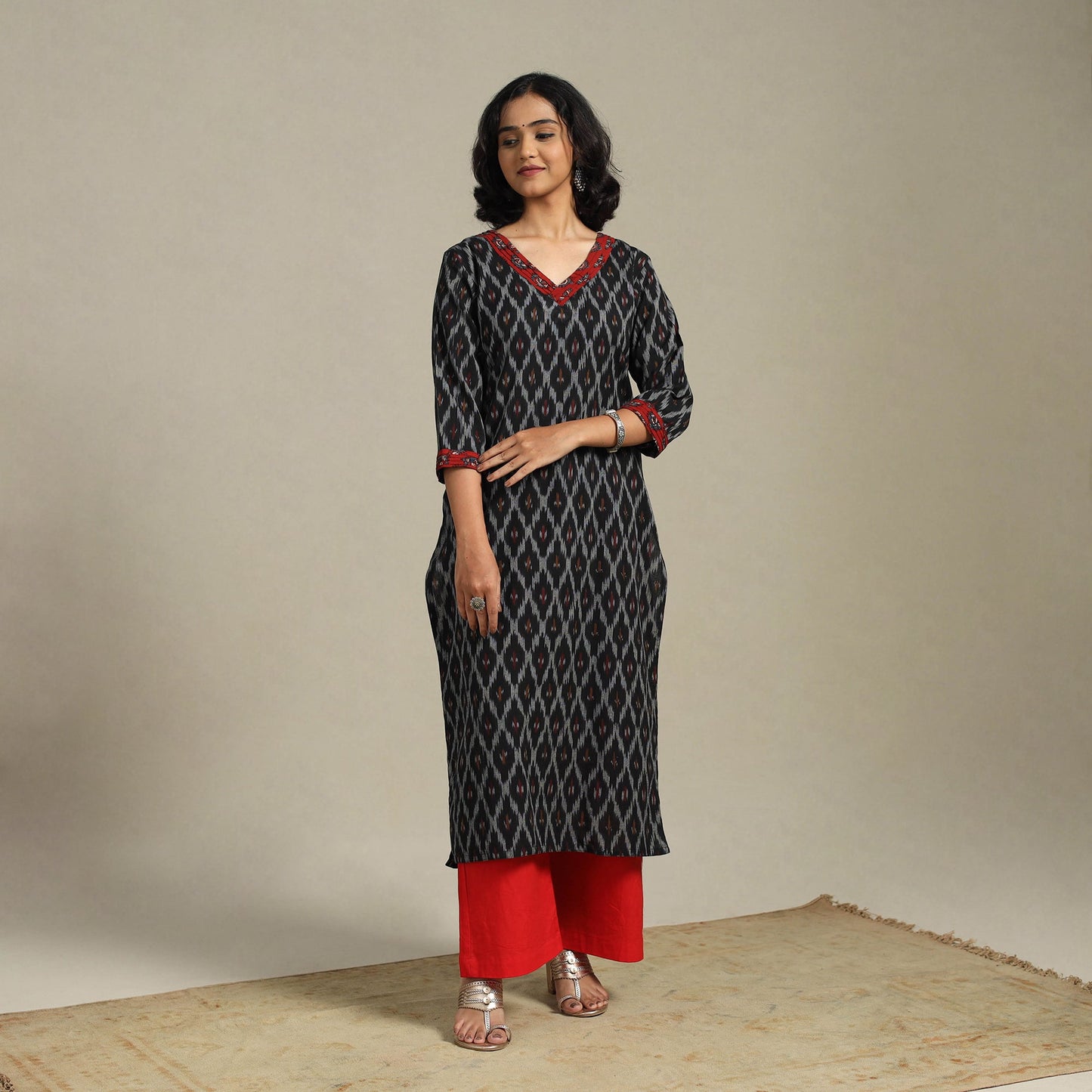 Black Cotton Straight Pochampally Ikat Kurta