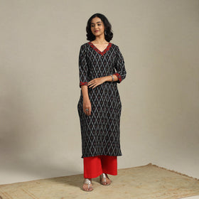 Black Cotton Straight Pochampally Ikat Kurta