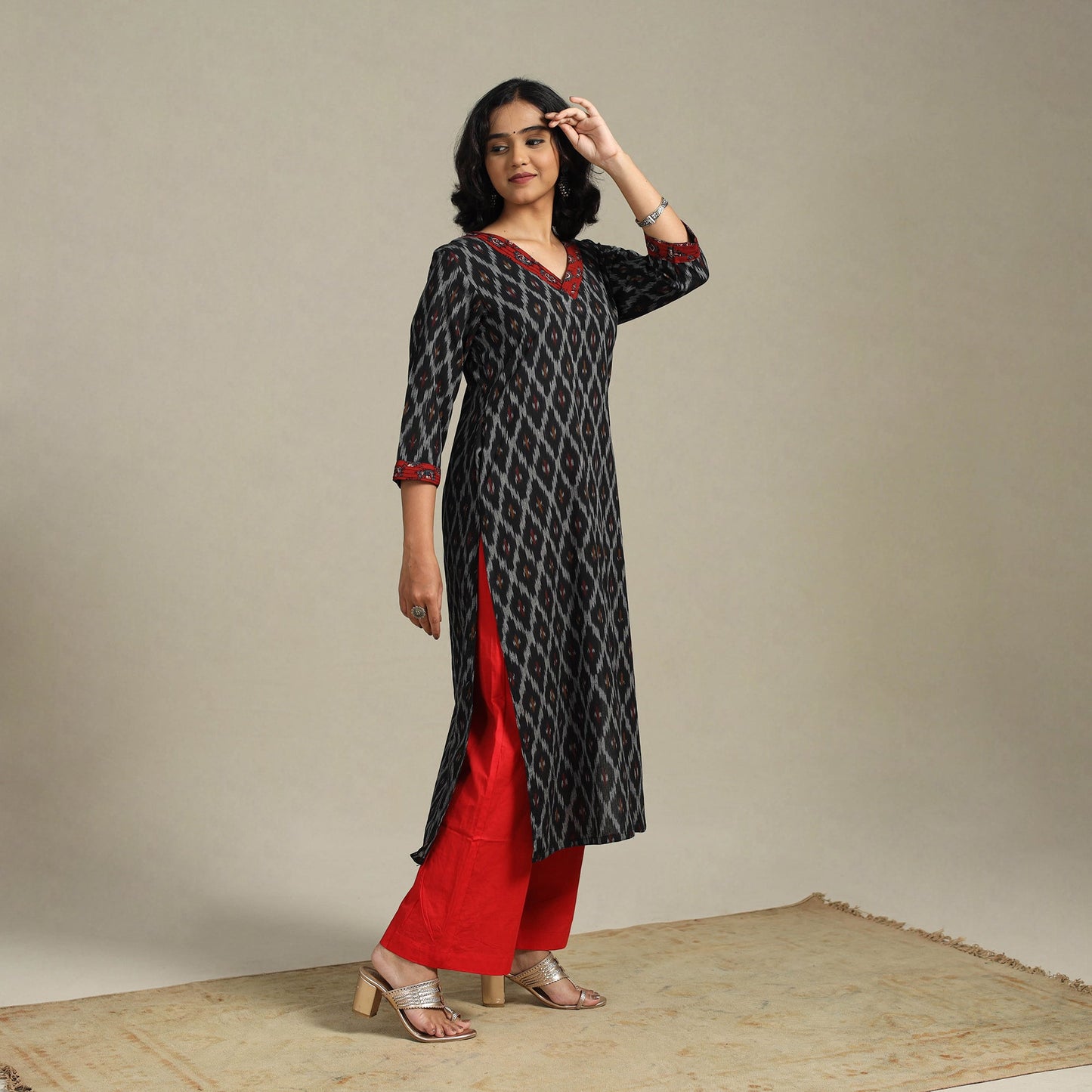 Black Cotton Straight Pochampally Ikat Kurta