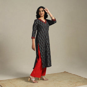 Black Cotton Straight Pochampally Ikat Kurta