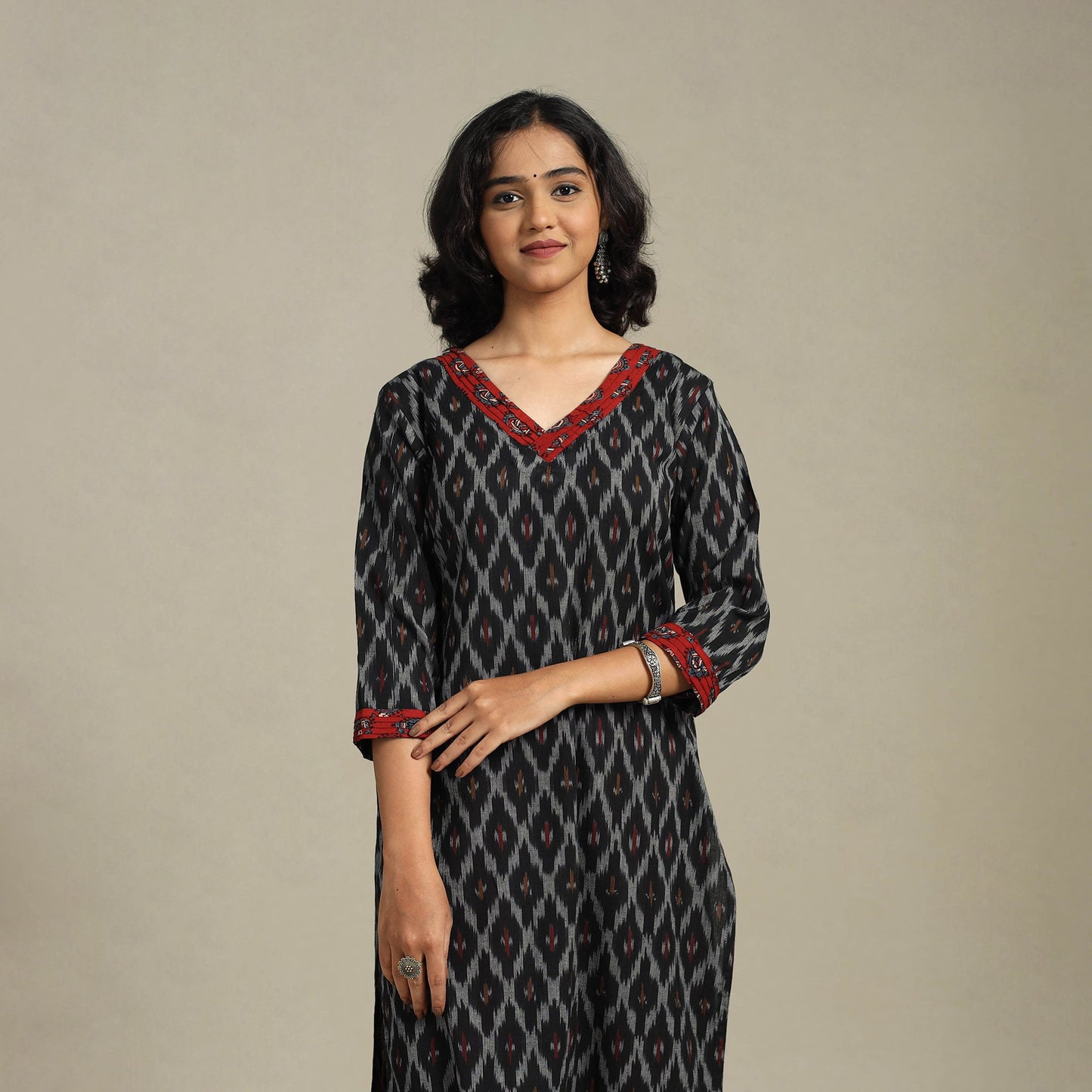 Black Cotton Straight Pochampally Ikat Kurta