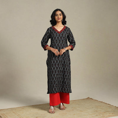 Black Cotton Straight Pochampally Ikat Kurta