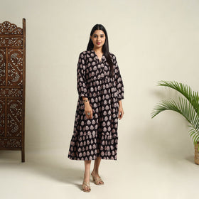Buy Black  Block Print Cotton Tiered Bagh Dress 