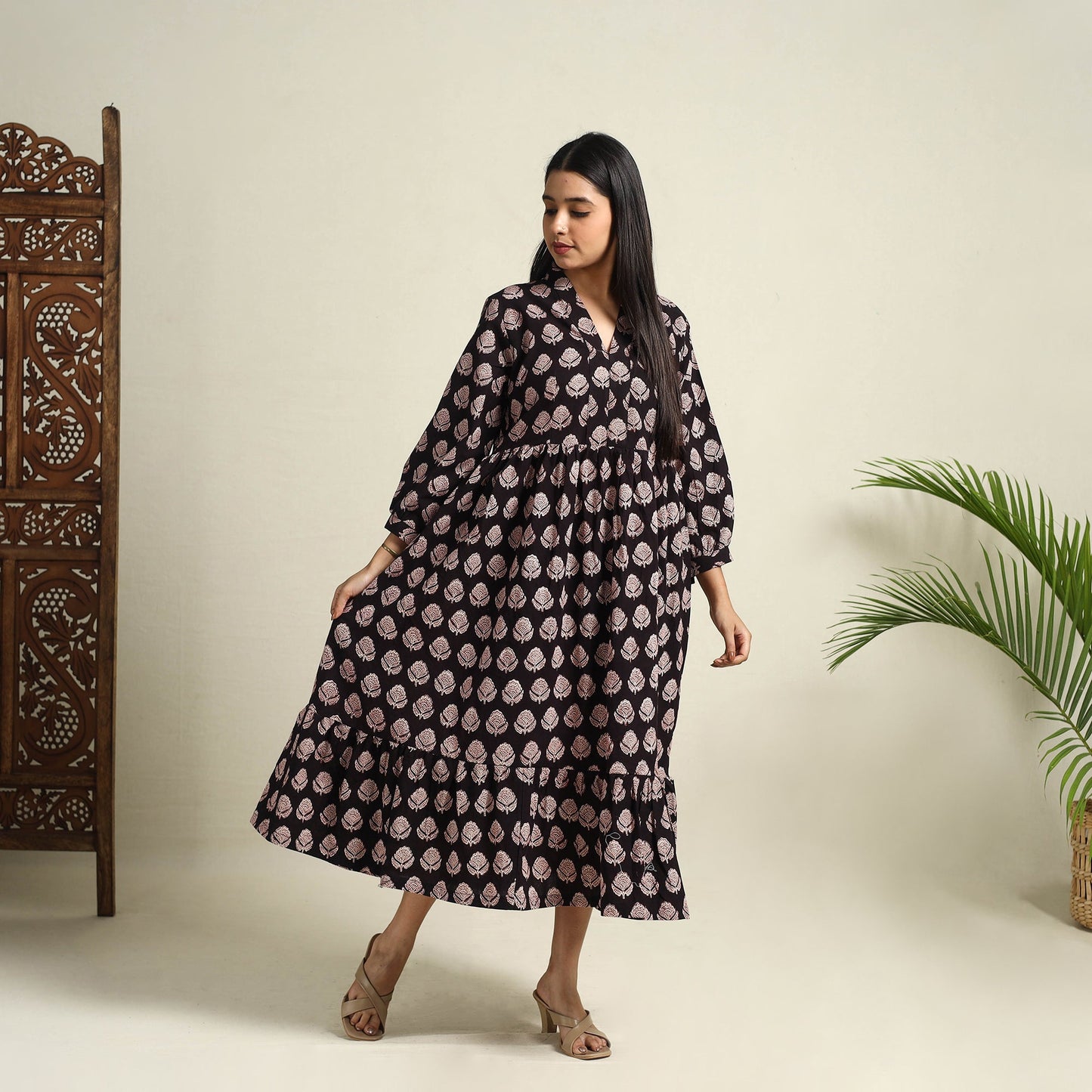 Buy Black  Block Print Cotton Tiered Bagh Dress 