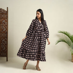 Buy Black  Block Print Cotton Tiered Bagh Dress 