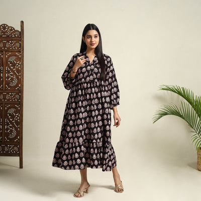 Buy Black  Block Print Cotton Tiered Bagh Dress 