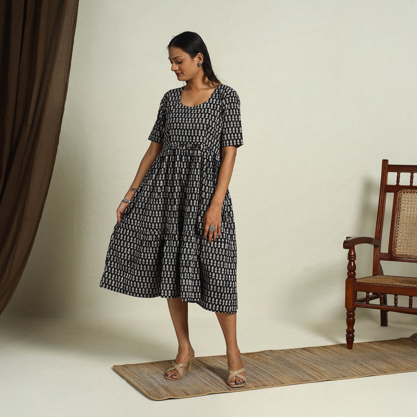 Buy Black Block Print Cotton Tiered Bagru Dress 