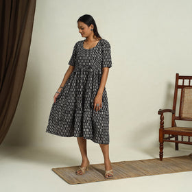Buy Black Block Print Cotton Tiered Bagru Dress 