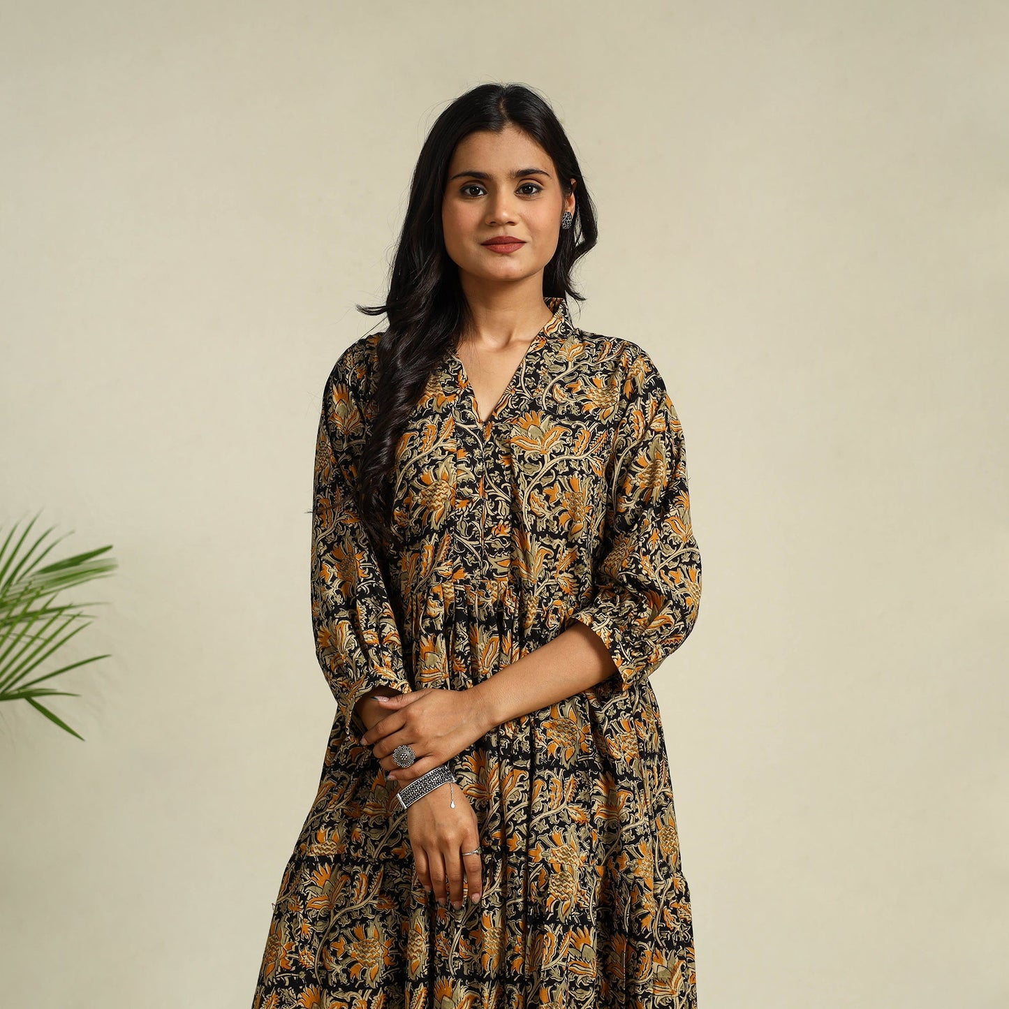 Black Block Print Cotton Tiered Kalamkari Dress
