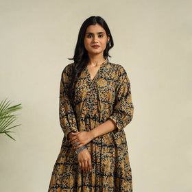 Black Block Print Cotton Tiered Kalamkari Dress