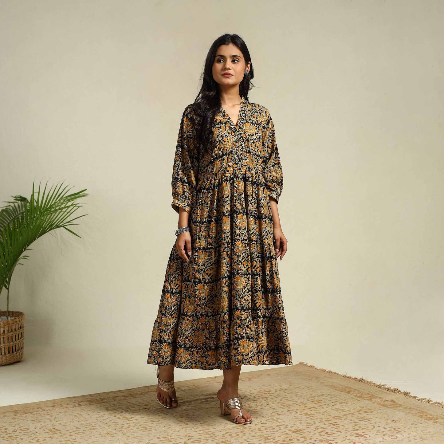 Black Block Print Cotton Tiered Kalamkari Dress
