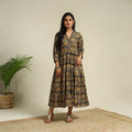 Black Block Print Cotton Tiered Kalamkari Dress