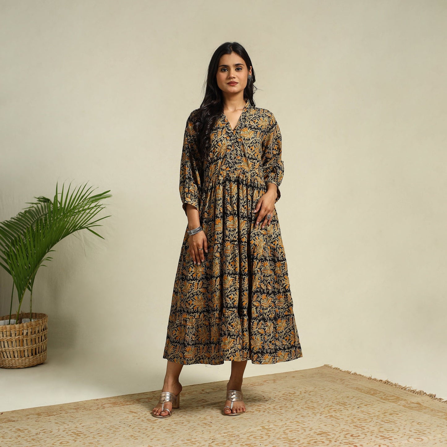 Black Block Print Cotton Tiered Kalamkari Dress