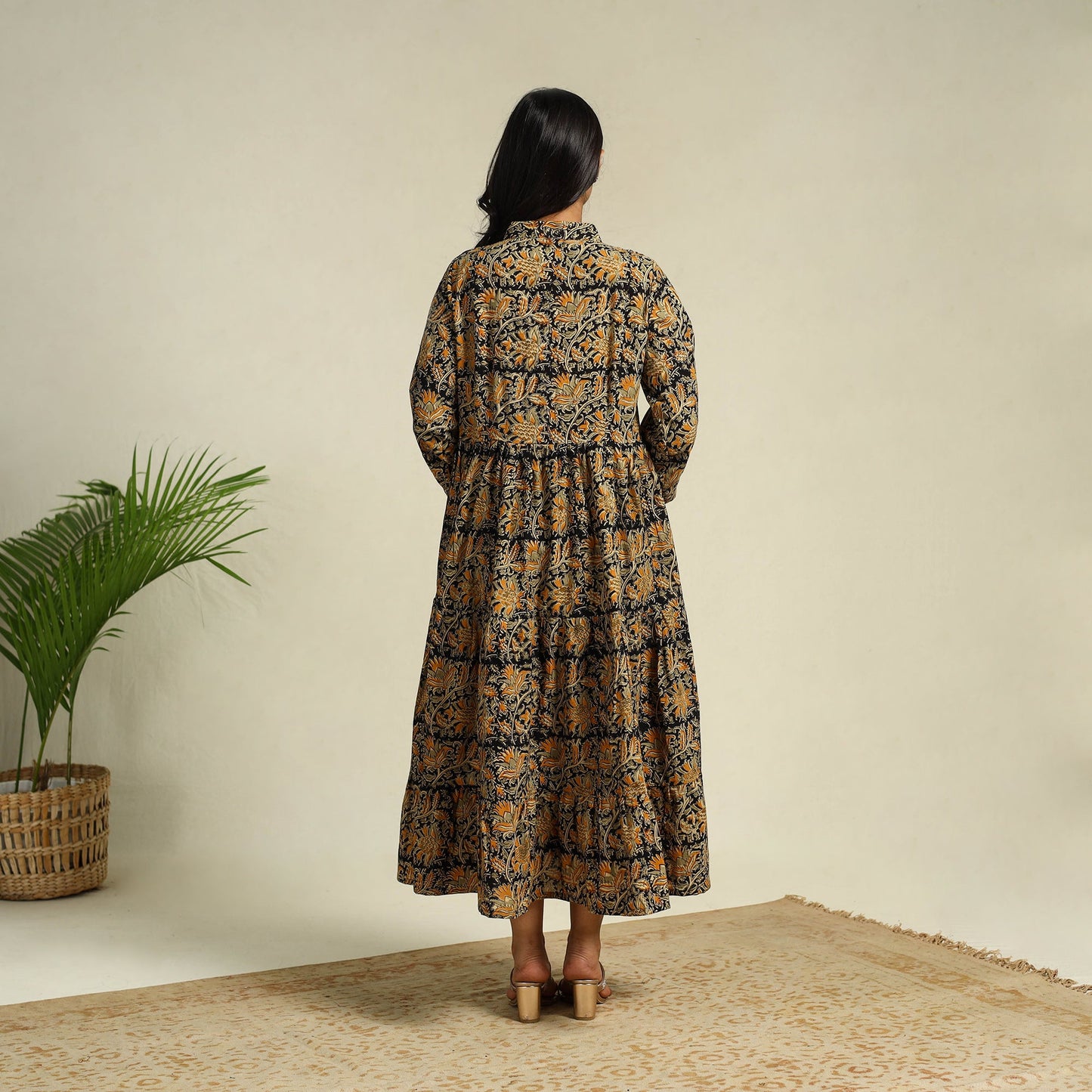 Black Block Print Cotton Tiered Kalamkari Dress