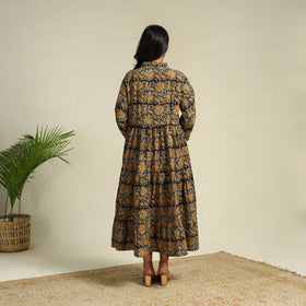 Black Block Print Cotton Tiered Kalamkari Dress