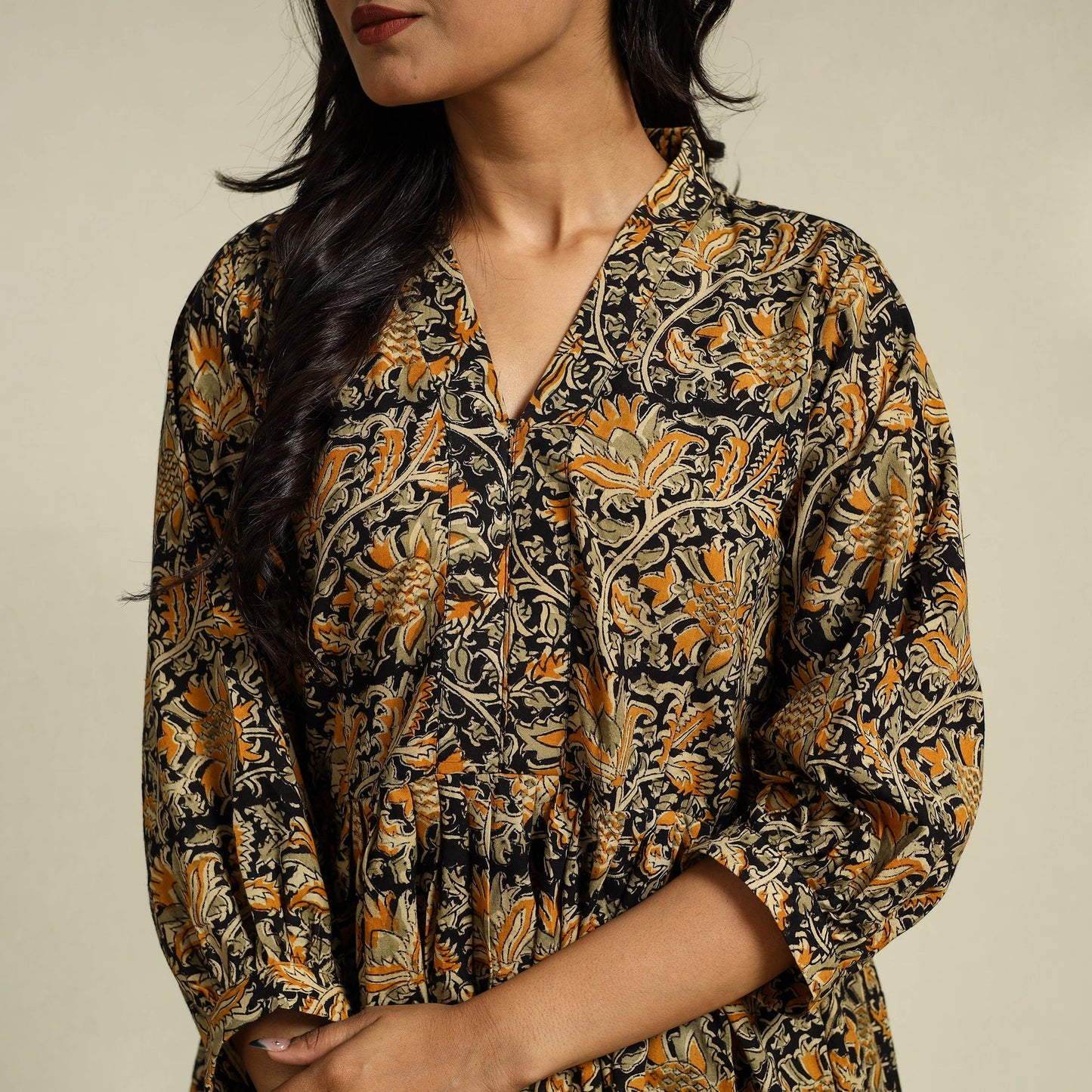 Black Block Print Cotton Tiered Kalamkari Dress
