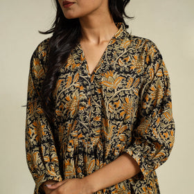 Black Block Print Cotton Tiered Kalamkari Dress
