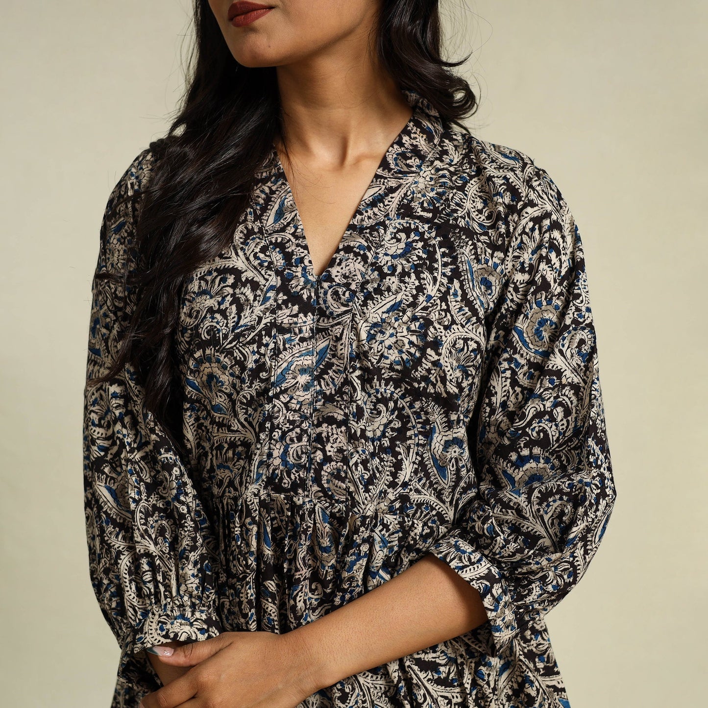 Black Block Print Cotton Tiered Kalamkari Dress