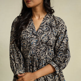 Black Block Print Cotton Tiered Kalamkari Dress