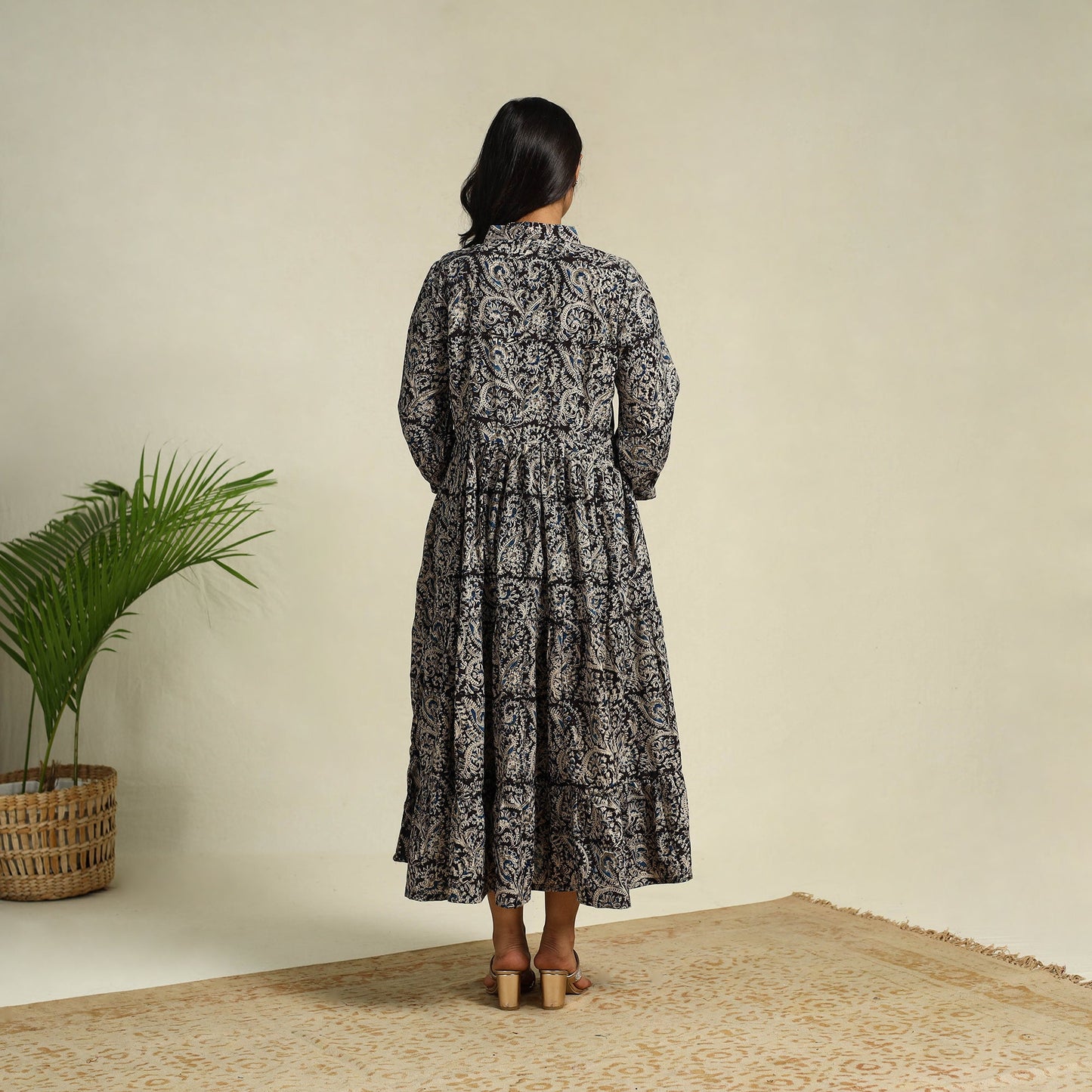 Black Block Print Cotton Tiered Kalamkari Dress