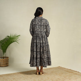 Black Block Print Cotton Tiered Kalamkari Dress