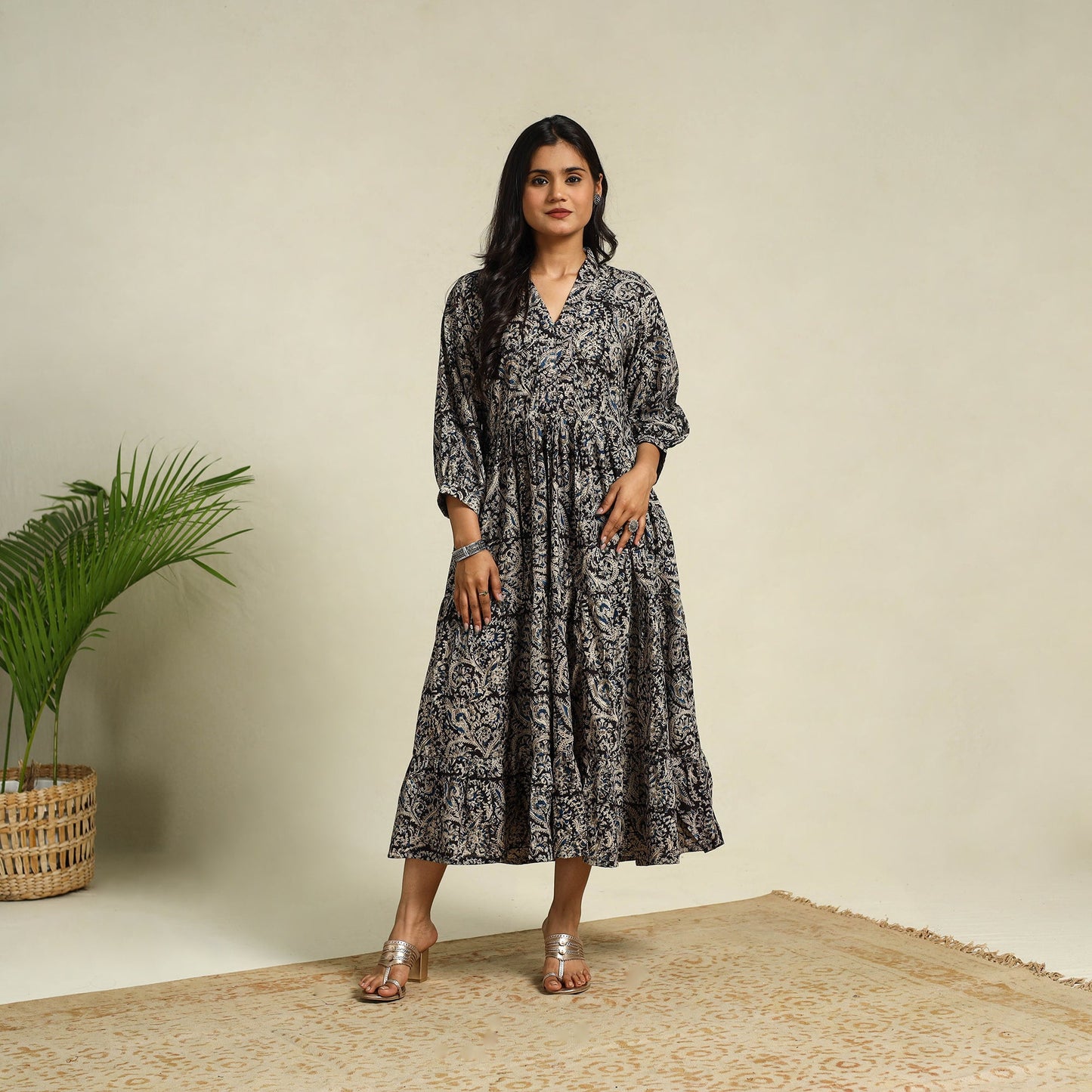 Black Block Print Cotton Tiered Kalamkari Dress