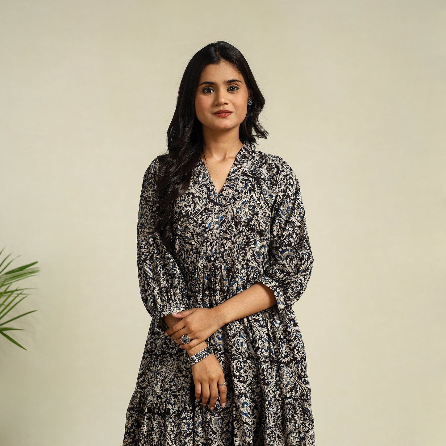Black Block Print Cotton Tiered Kalamkari Dress