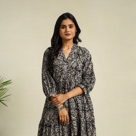 Black Block Print Cotton Tiered Kalamkari Dress