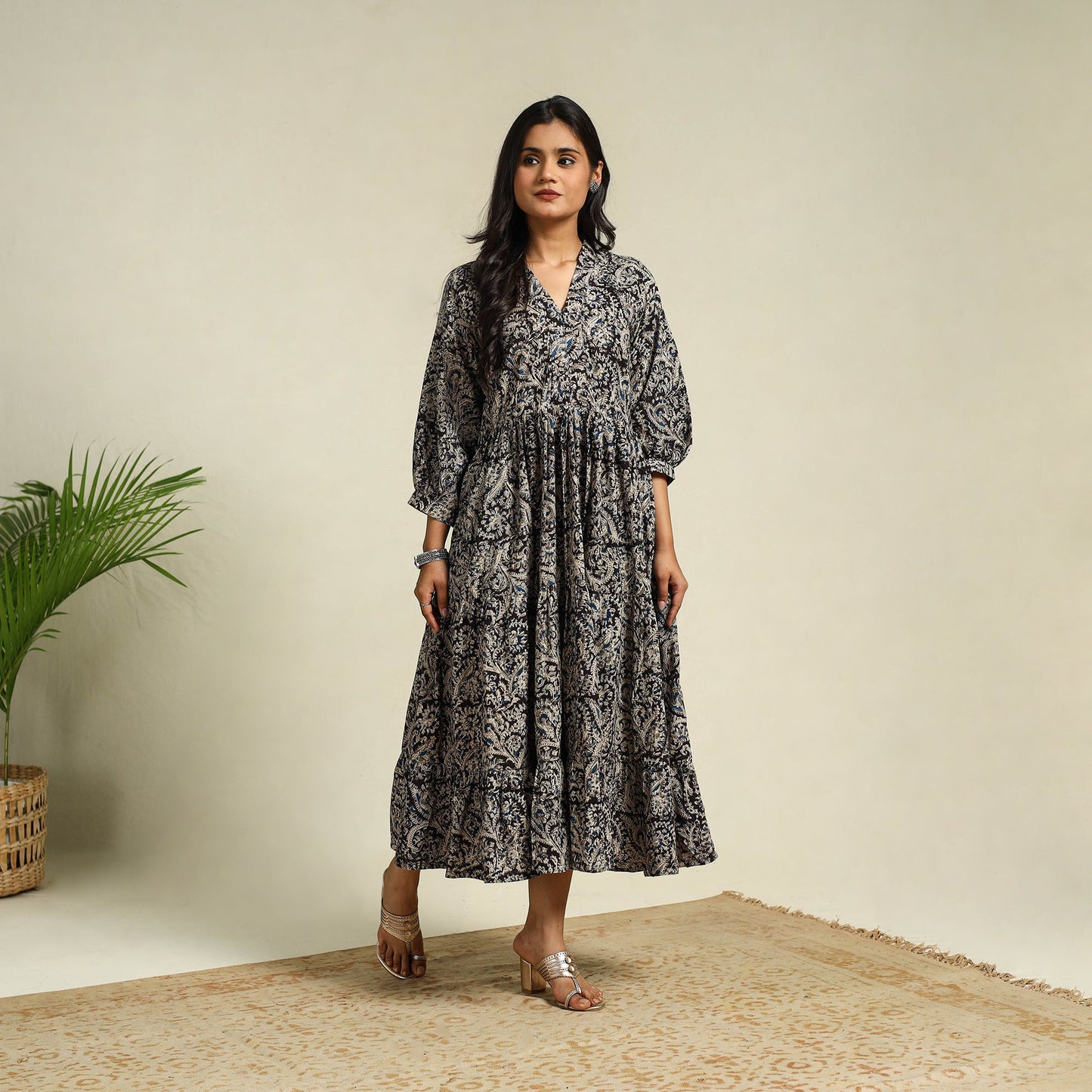 Black Block Print Cotton Tiered Kalamkari Dress