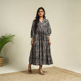 Black Block Print Cotton Tiered Kalamkari Dress