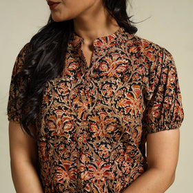 Black Block Print Cotton Tiered Kalamkari Dress