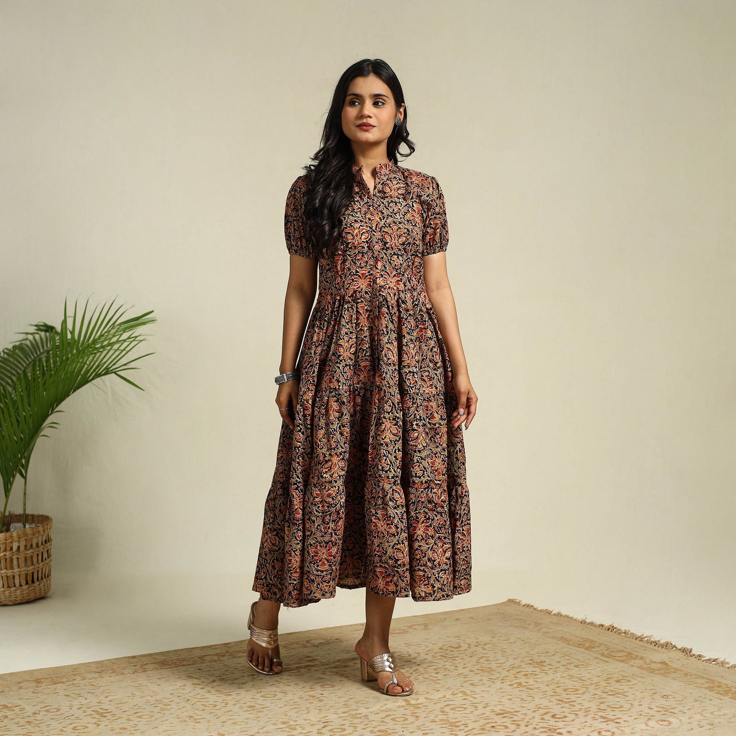 Black Block Print Cotton Tiered Kalamkari Dress