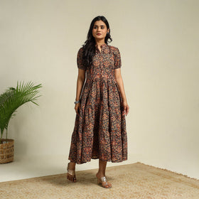 Black Block Print Cotton Tiered Kalamkari Dress