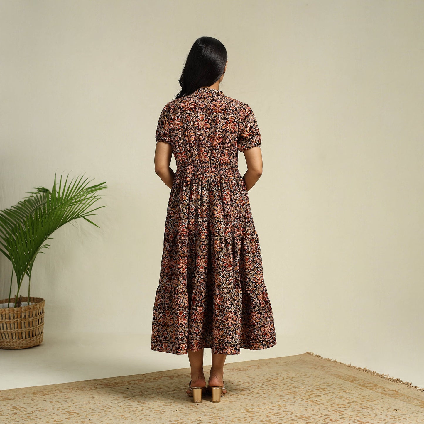 Black Block Print Cotton Tiered Kalamkari Dress
