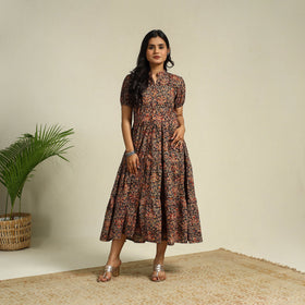 Black Block Print Cotton Tiered Kalamkari Dress