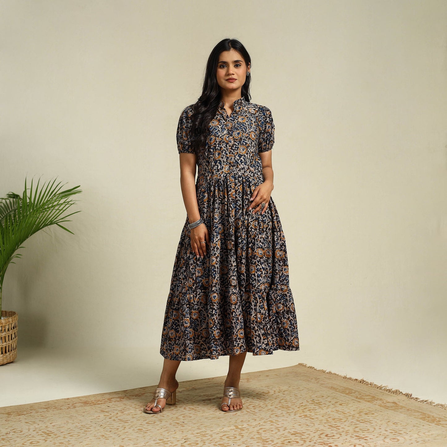 Black Block Print Cotton Tiered Kalamkari Dress