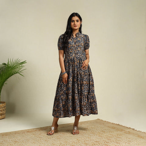 Black Block Print Cotton Tiered Kalamkari Dress