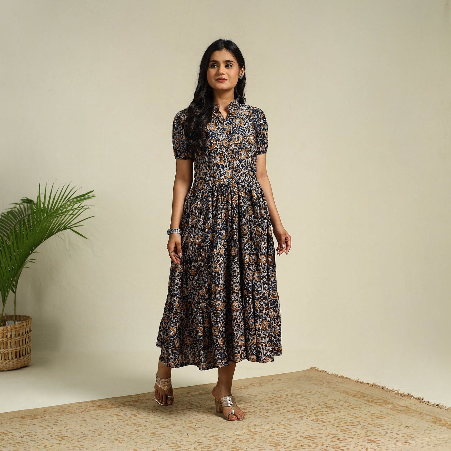 Black Block Print Cotton Tiered Kalamkari Dress