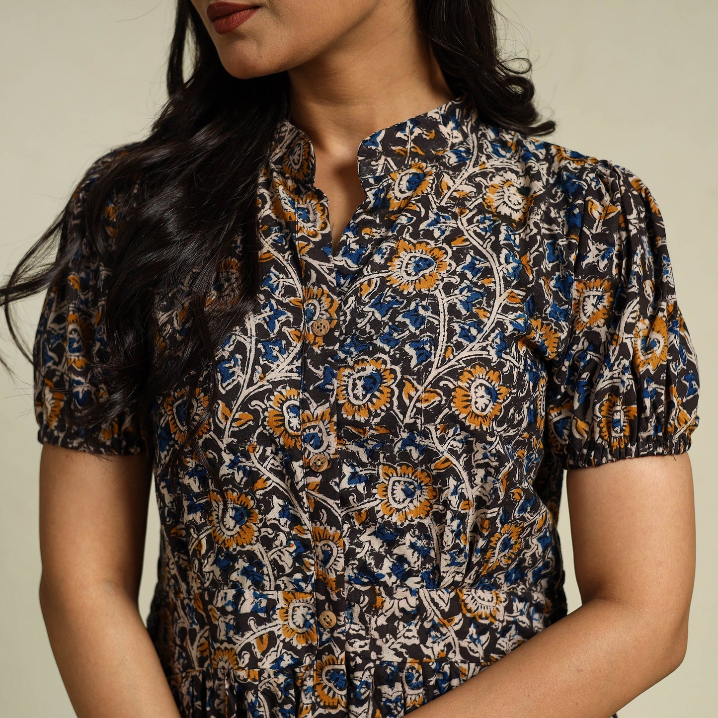 Black Block Print Cotton Tiered Kalamkari Dress