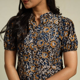 Black Block Print Cotton Tiered Kalamkari Dress