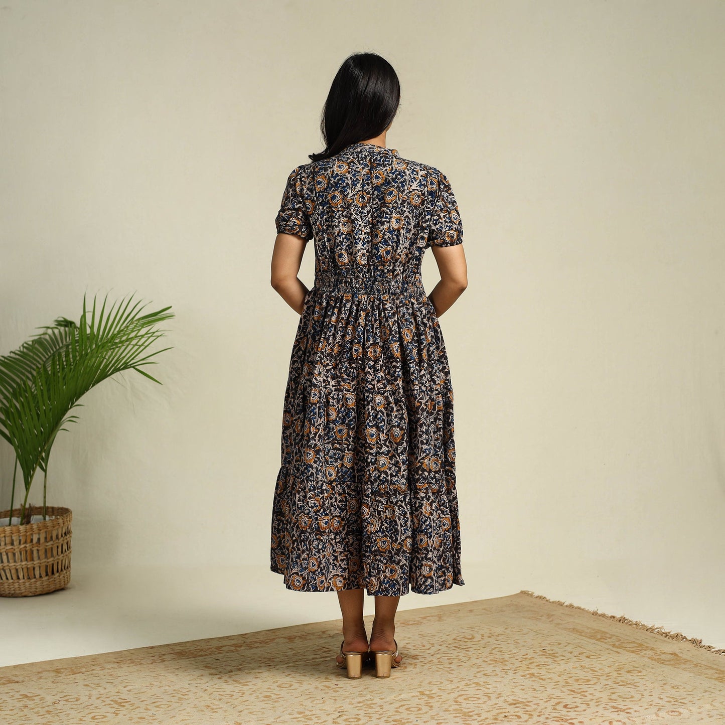 Black Block Print Cotton Tiered Kalamkari Dress