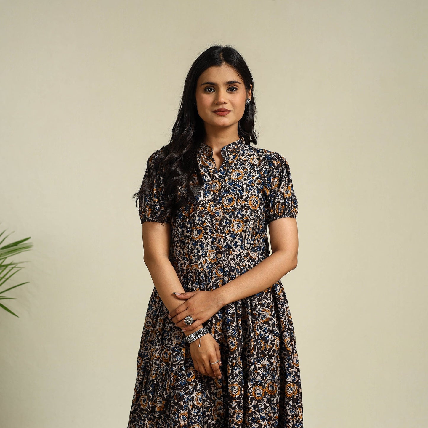 Black Block Print Cotton Tiered Kalamkari Dress
