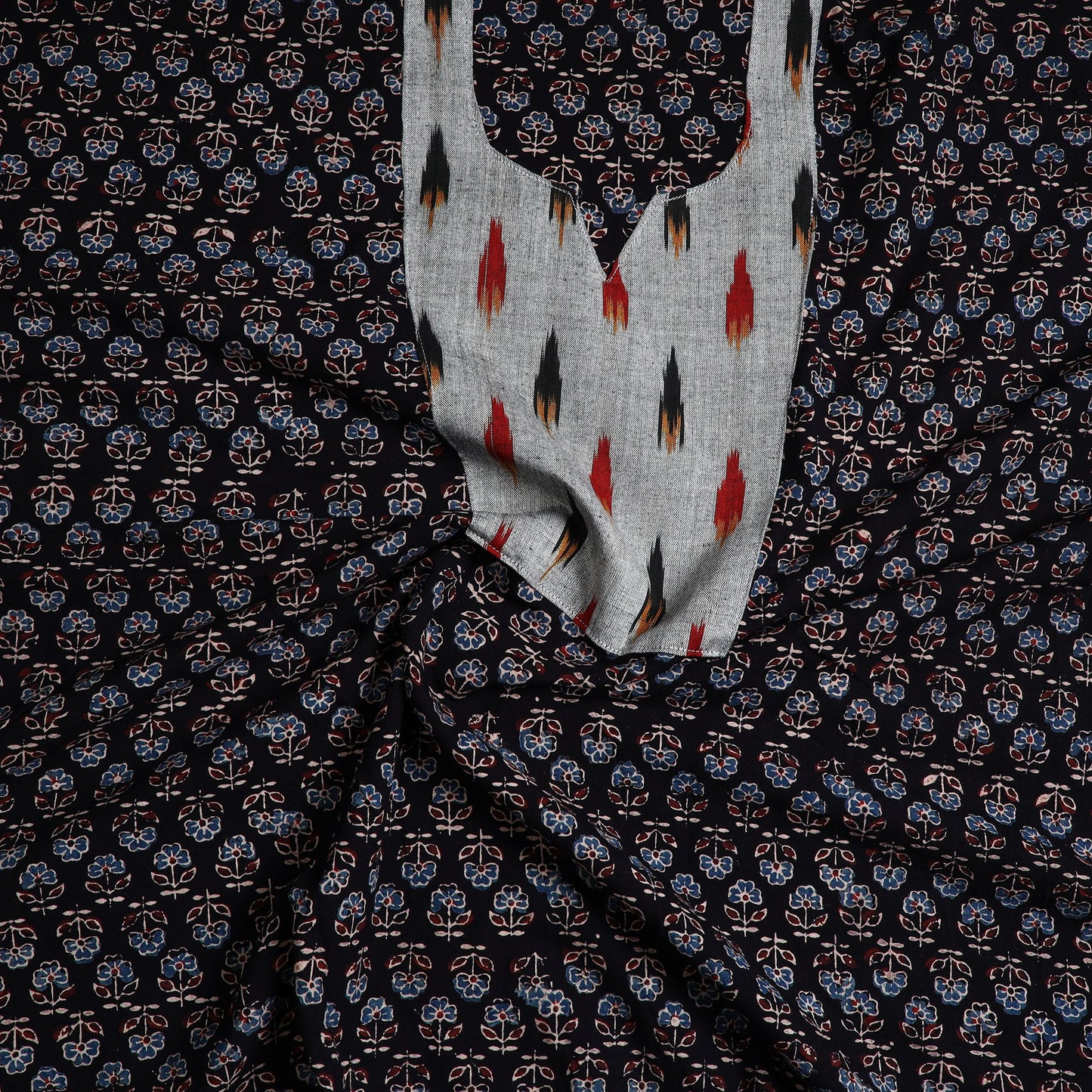 Black - Ajrakh Print Cotton Kurta Material with Patchwork (3m) 14