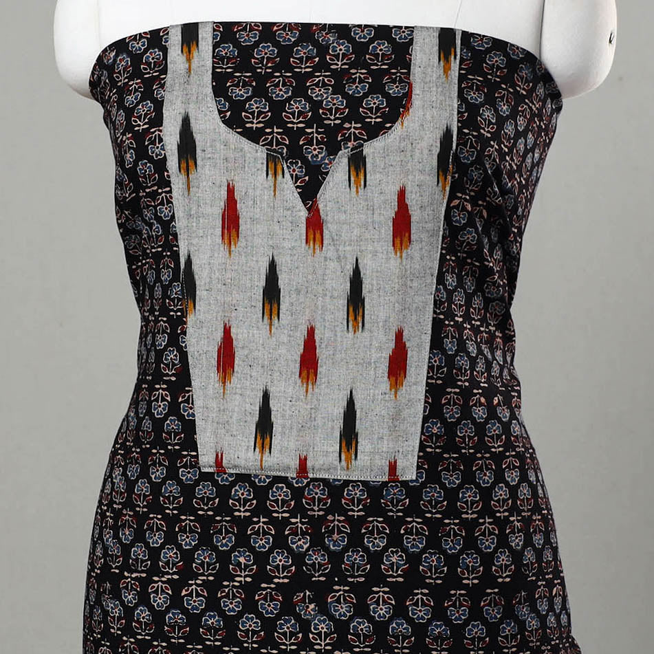 Black - Ajrakh Print Cotton Kurta Material with Patchwork (3m) 14
