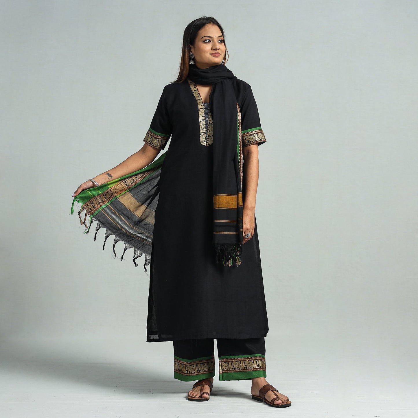 Black - dharwad cotton kurta with palazzo & dupatta set